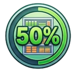 Limpia el Supermercado! 50% Complete! icono de insignia — ¡Has almacenado el 50% de los artículos correctamente!