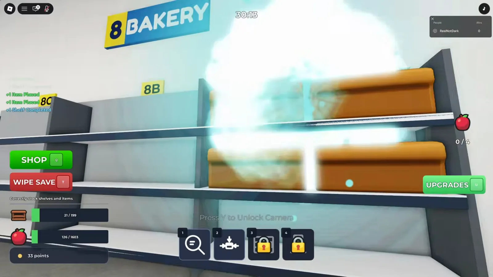 Clean the Supermarket 的 8 BAKERY 分區牌與烘焙貨架，清完後泛出綠光