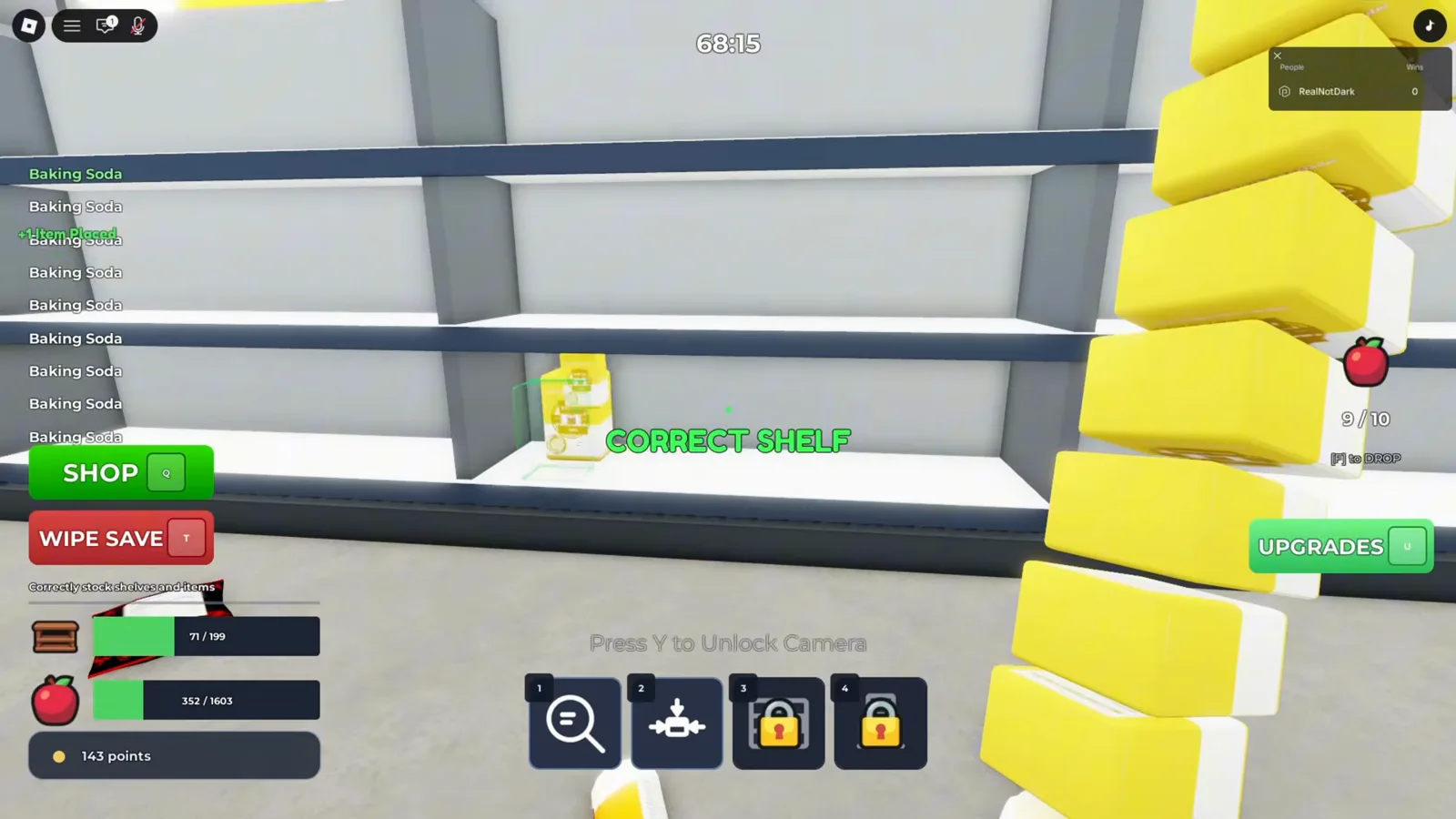 Clean the Supermarket 的 Price Scanner 清單列出 8 個 Baking Soda，旁邊是綠色 CORRECT SHELF