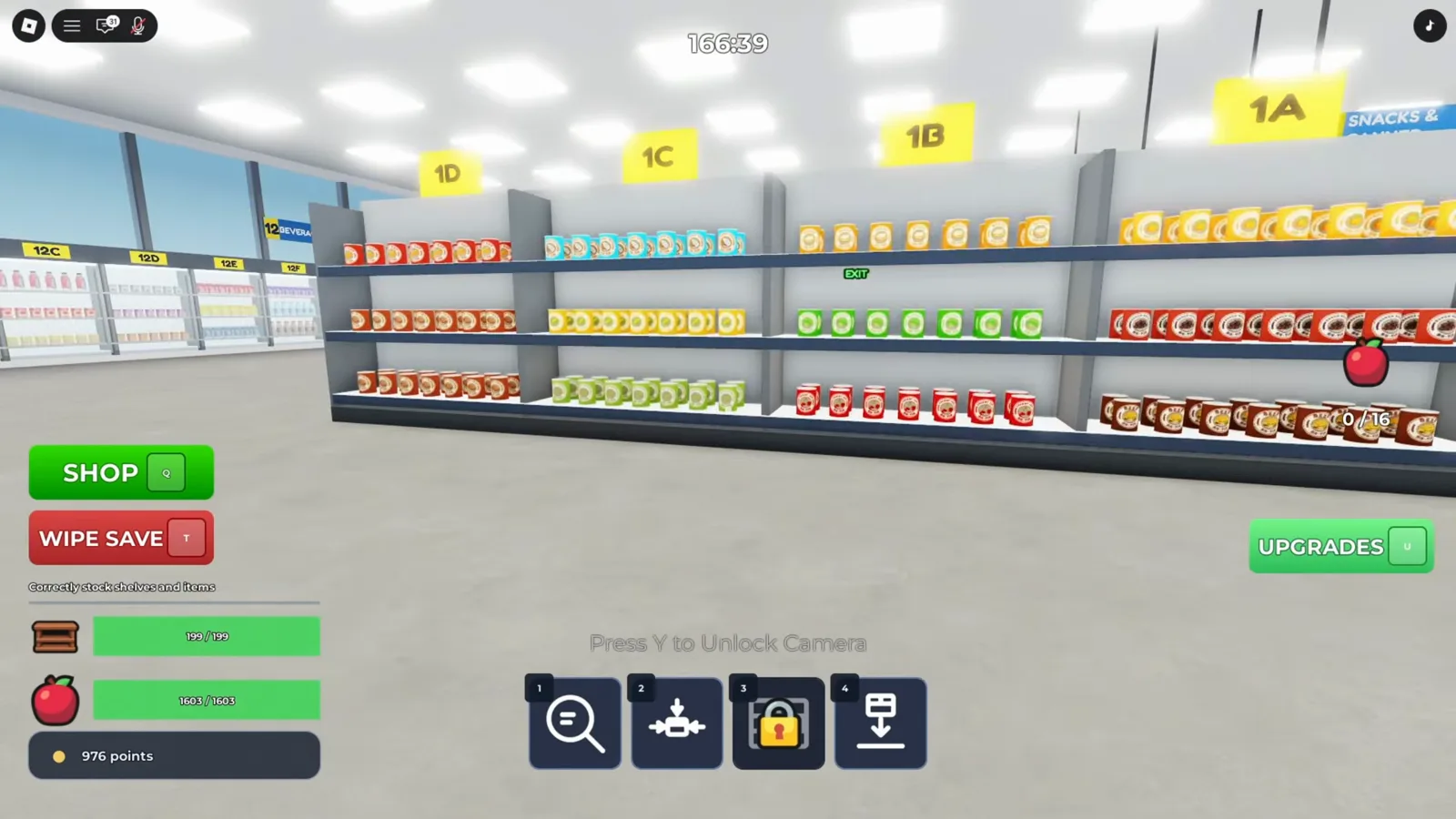 Clean the Supermarket 零食貨架全部擺滿，兩條進度計數分別為 199/199 與 1,603/1,603