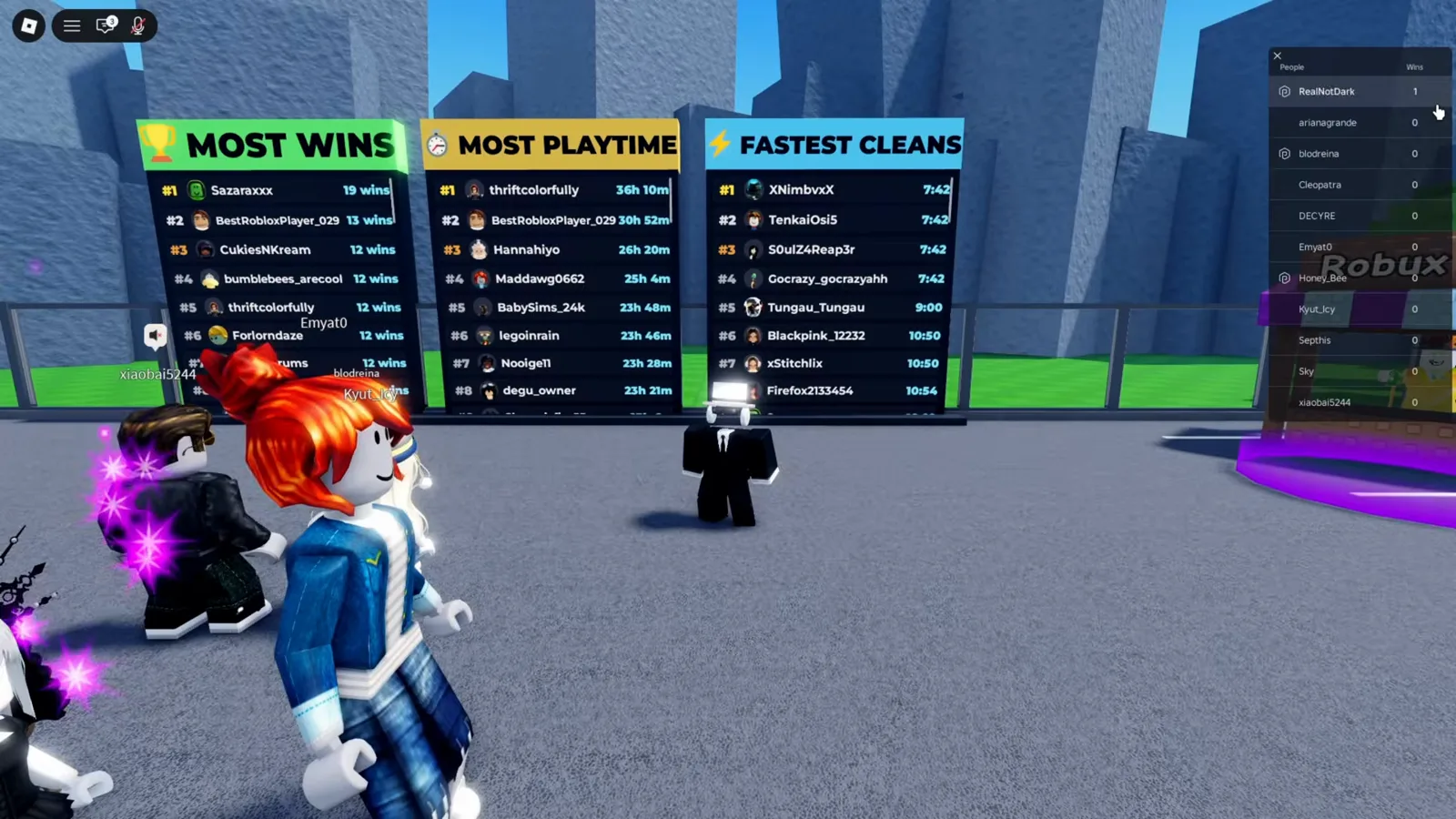 Clean the Supermarket 大廳的 Most Wins、Most Playtime、Fastest Cleans 排行榜，最快成績 7:42