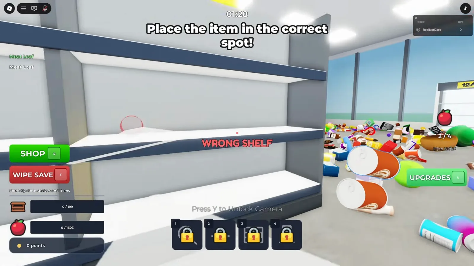 Clean the Supermarket 新手提示 Place the item in the correct spot,1D 與 1C 貨架旁出現紅色 WRONG SHELF