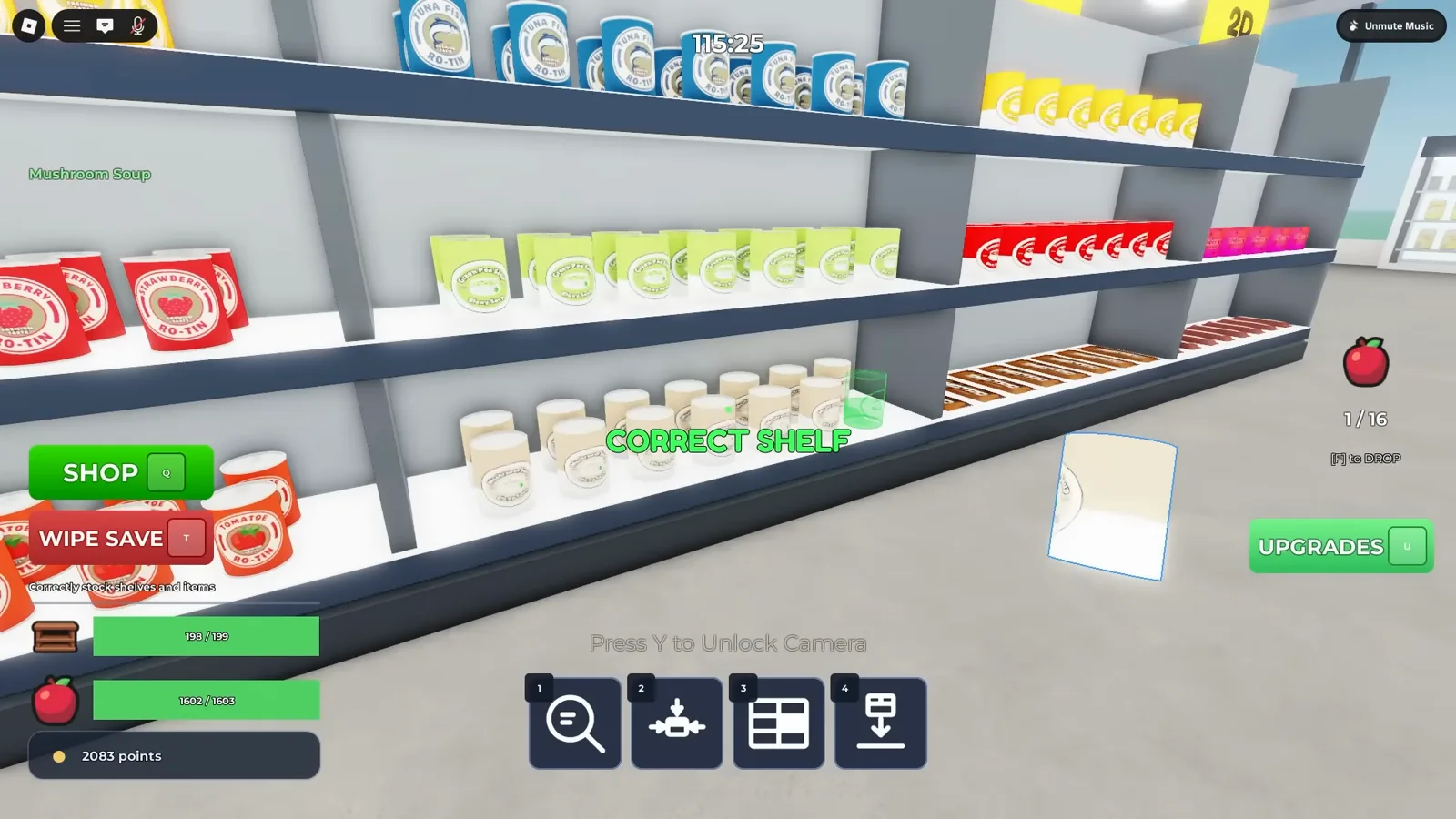 Clean the Supermarket 計時 1:55:25 的最後貨架，HUD 顯示 1,602/1,603 件物品、196/199 個貨架