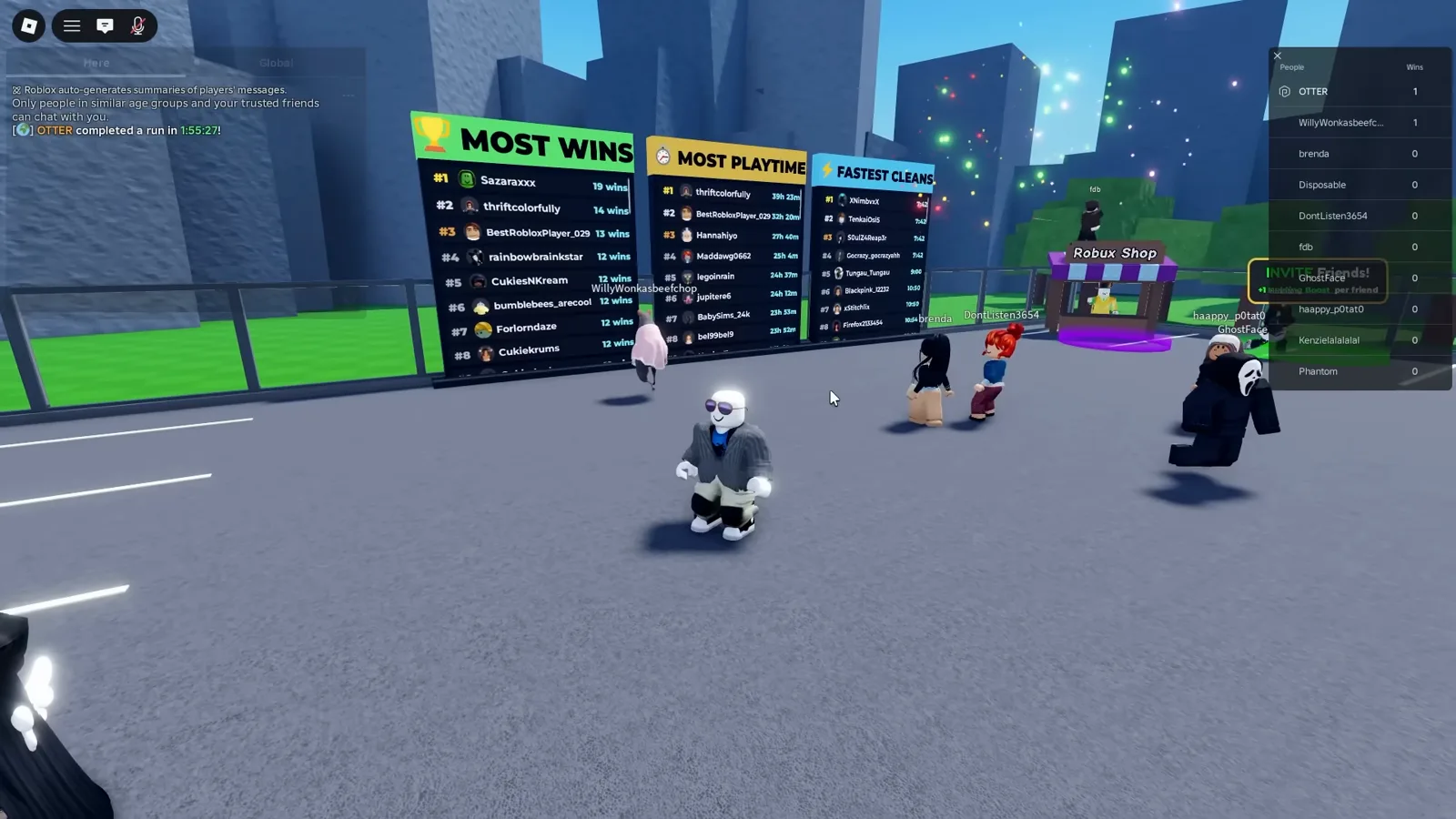 Clean the Supermarket 大廳的 Most Wins、Most Playtime 和 Fastest Cleans 榜單，角落提示 OTTER completed a run in 1:55:21