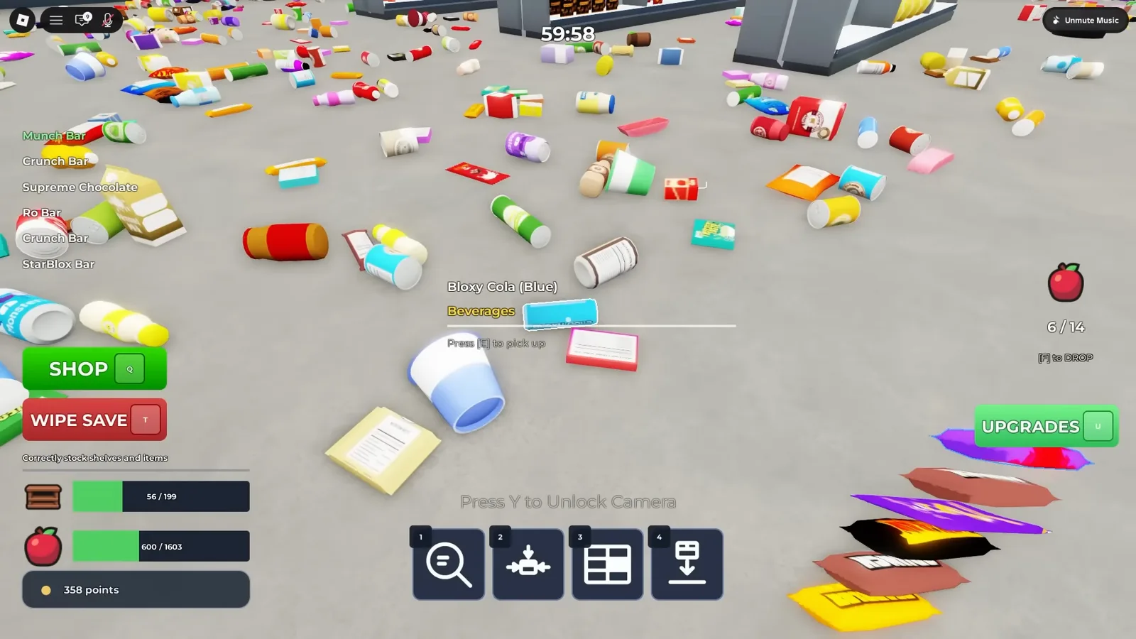 Clean the Supermarket 計時 59:58,HUD 顯示已放 600/1,603 件物品、56/199 個貨架
