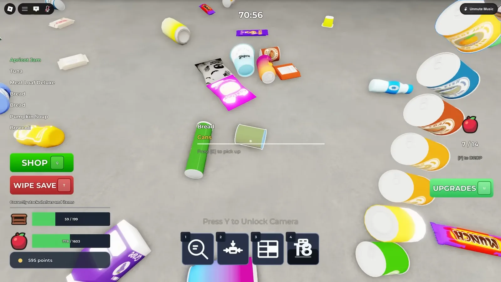 Clean the Supermarket 單人實況過半畫面，計時 1:10:56,HUD 顯示已放 778/1,603 件物品