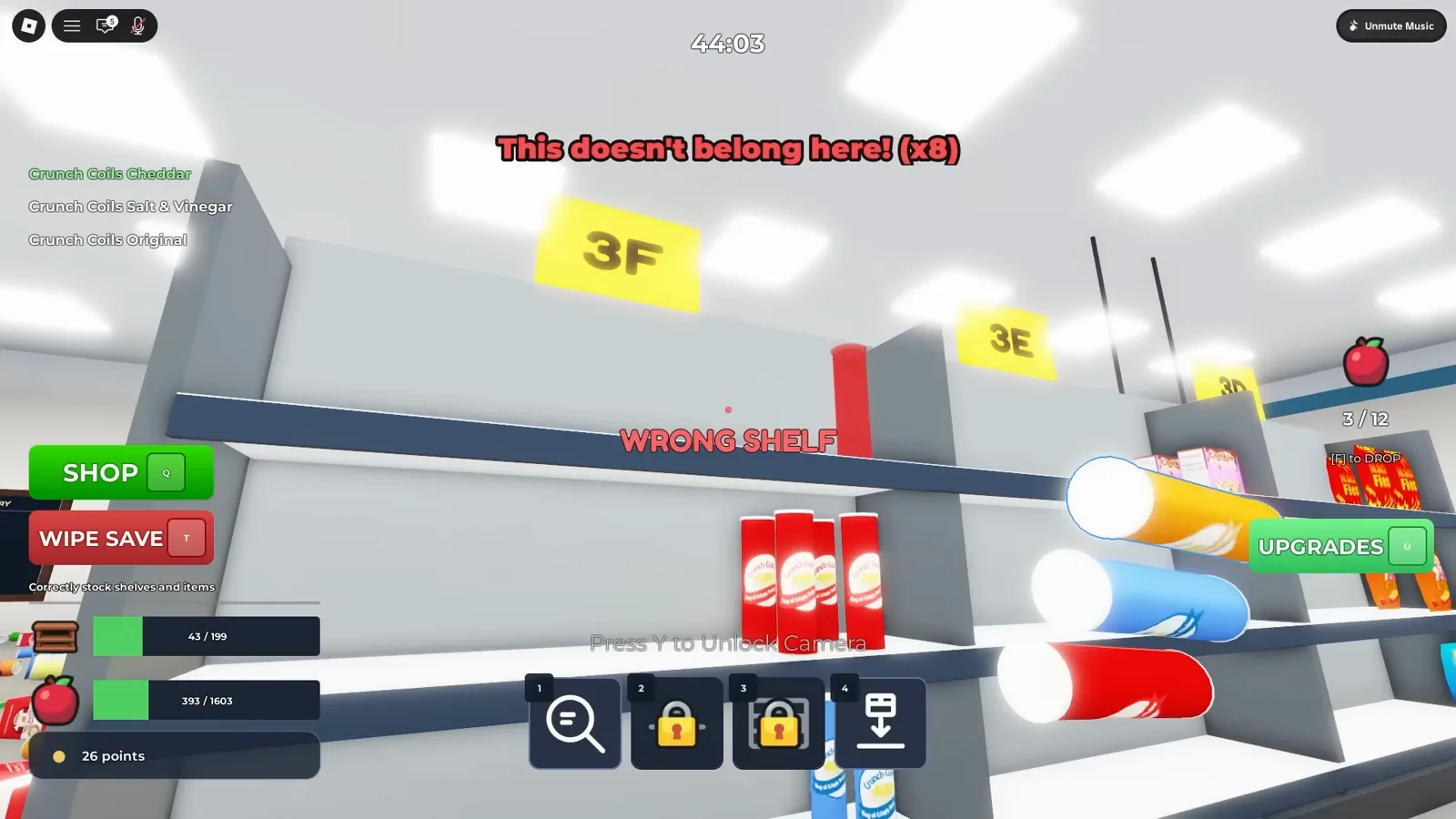 Clean the Supermarket 計時 44:03 的 HUD，顯示已放 393/1,603 件物品，約整店四分之一