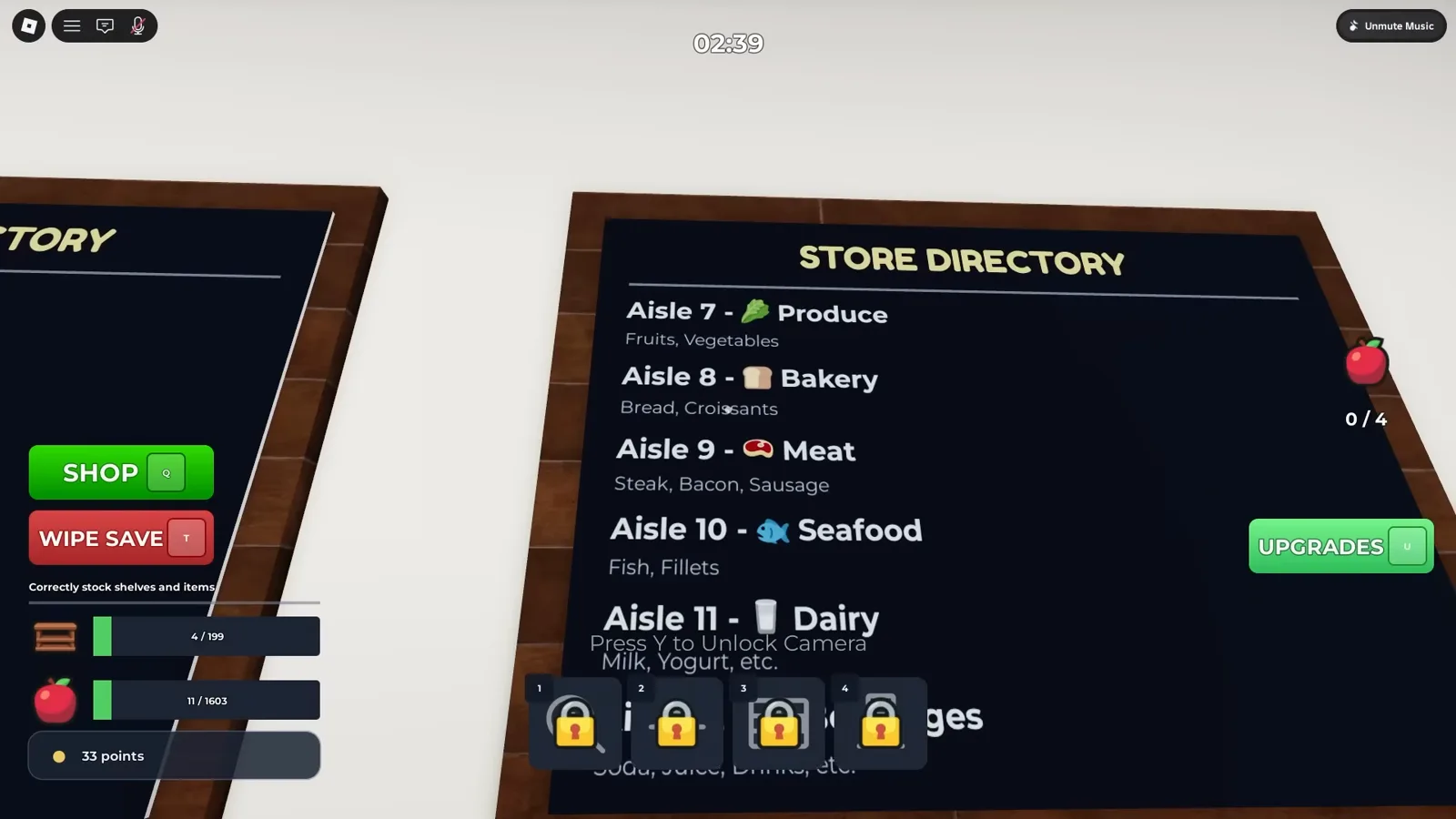 Clean the Supermarket 店內目錄牌，列出 Aisle 7 Produce、8 Bakery、9 Meat、10 Seafood 和 11 Dairy，計時在 2:39