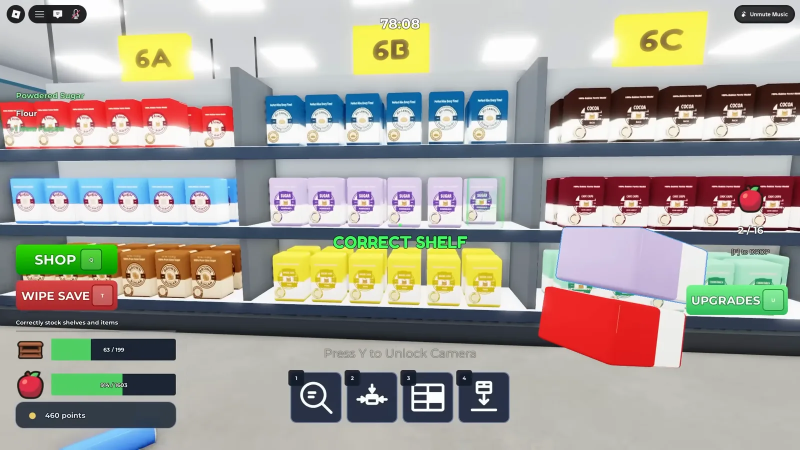 Clean the Supermarket 計時 1:18:08 的畫面，已過 1,000 件里程碑，補滿的貨架帶綠色 CORRECT SHELF 高亮