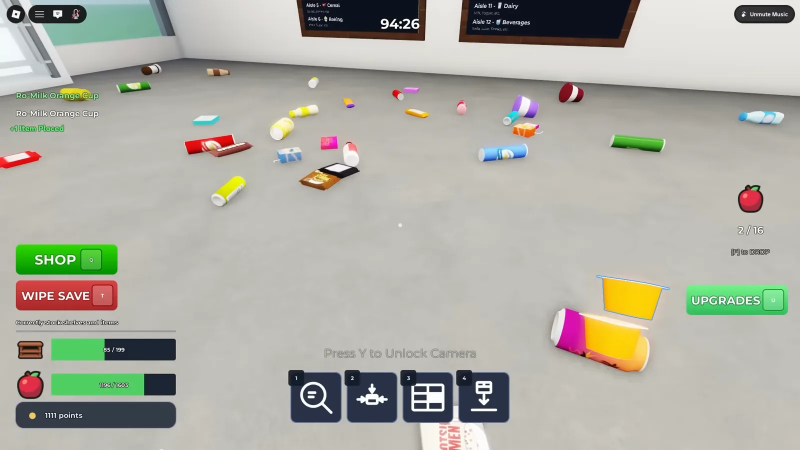 Clean the Supermarket 計時 1:34:26 的 HUD，顯示已放 1,196/1,603 件物品，約整店 75%