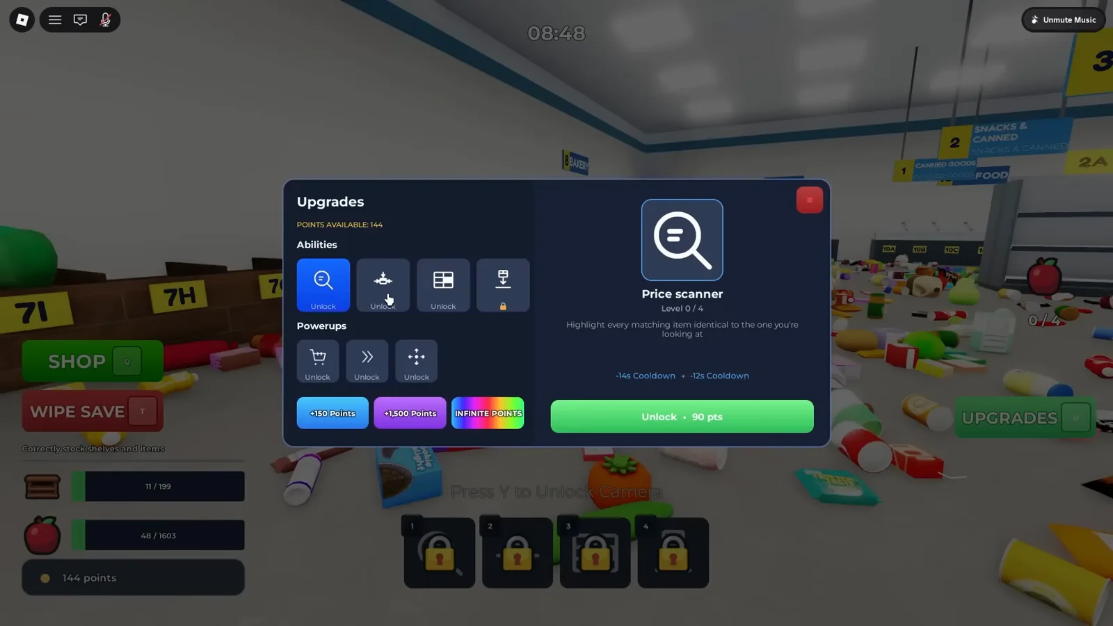 Clean the Supermarket 的 Upgrades 選單停在 Price Scanner 卡片，顯示 90 分解鎖，HUD 計數 447/1,603 件