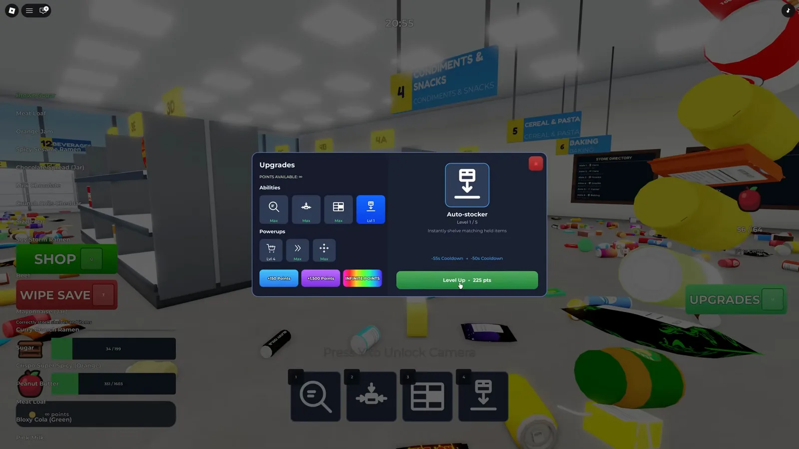 Clean the Supermarket 的 UPGRADES 選單裡 Auto-Stocker 卡片在全隊擺滿 350 件後解鎖