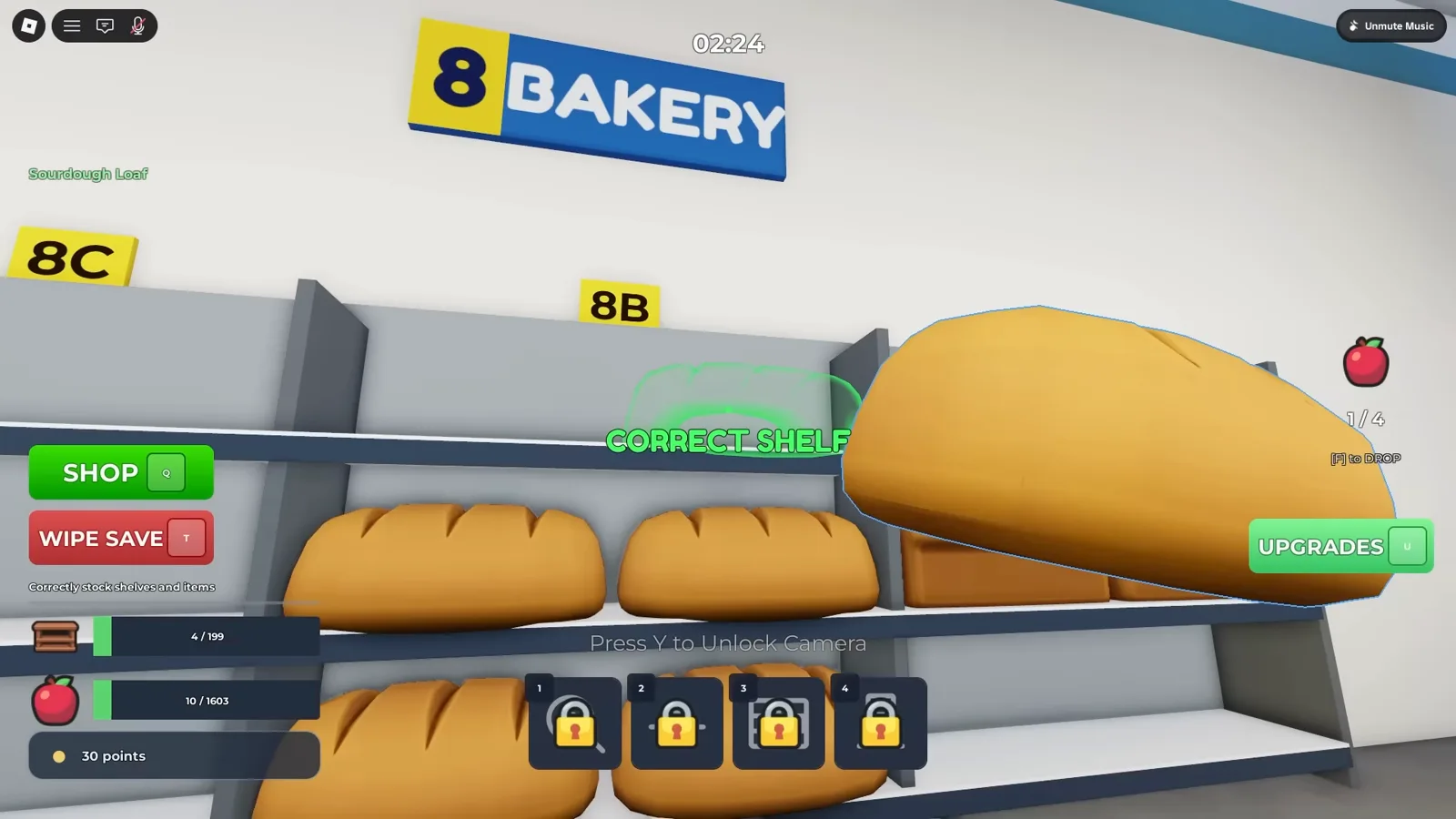 Clean the Supermarket aisle 8 Bakery shelf 8B with CORRECT SHELF green glow after placing bread on the right bakery shelf
