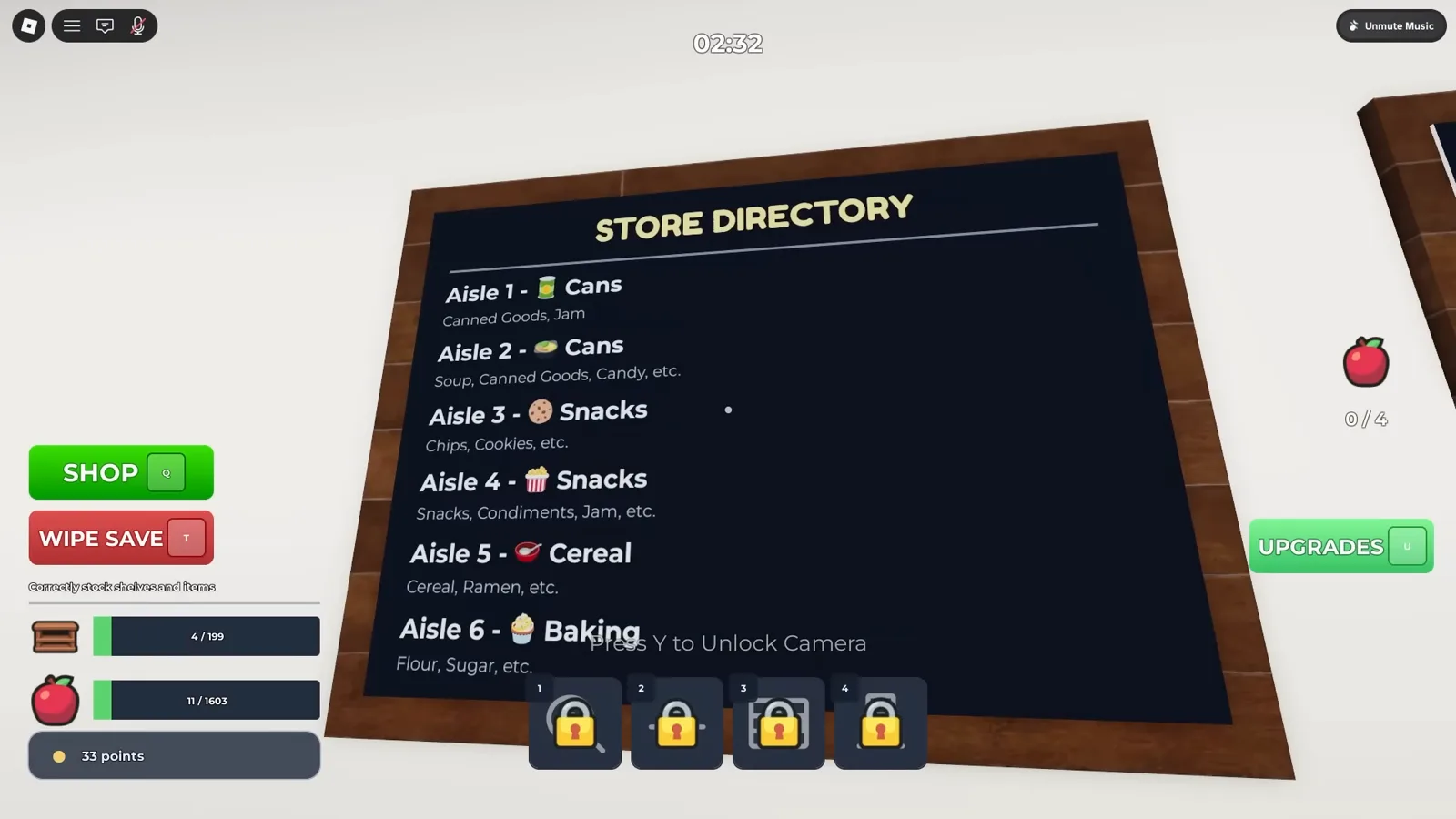 Directorio de la tienda, pasillos 1 a 6 Tablero STORE DIRECTORY de Limpia el Supermercado! con los pasillos 1 a 6 y sus categorías visibles.