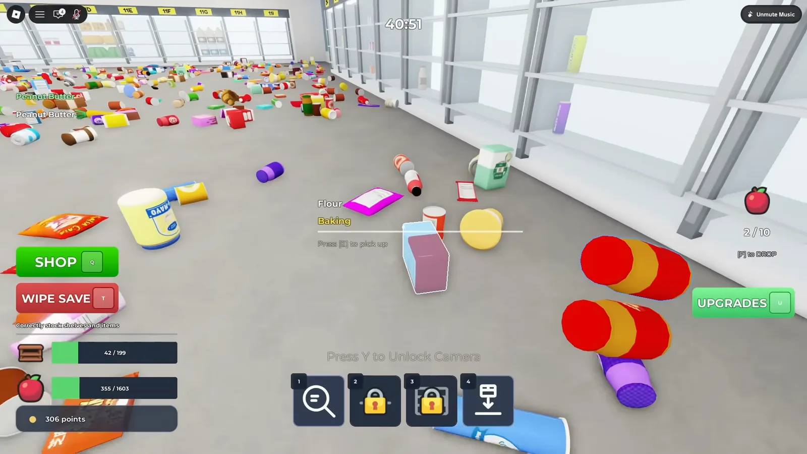 Clean the Supermarket in-game HUD showing items-left counter, shelves-completed progress bar and numbered shelf labels along aisle rows